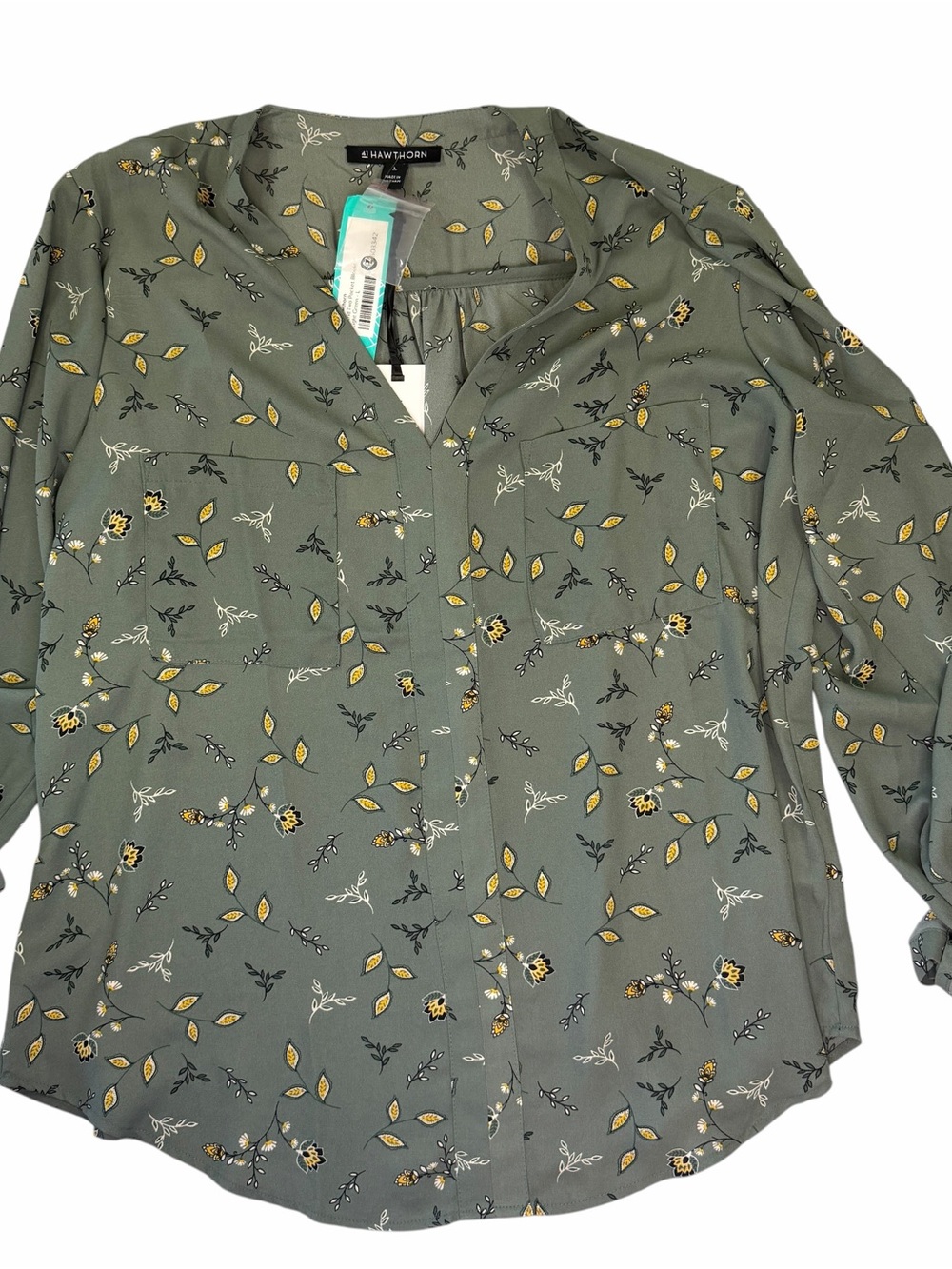 41 Hawthorn Olive Green Floral Popover Blouse